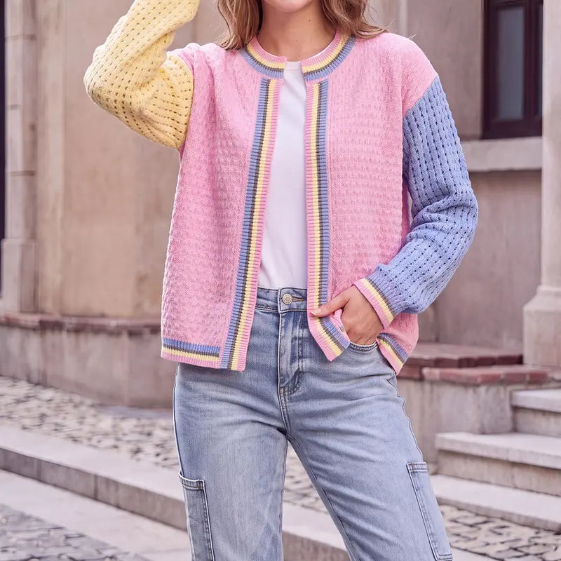 Shewin Women's Knitwear Cardigan - Casual Recycled Polyester, Color-Block Patchwork, Round Neck, Drop-Shoulder, Long-Sleeve, Loose Fit, Regular-Length, Open-Front, Hollow Knit Cold Wash Longsleeves Top,sohochic