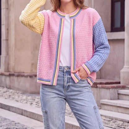 Shewin Women's Knitwear Cardigan - Casual Recycled Polyester, Color-Block Patchwork, Round Neck, Drop-Shoulder, Long-Sleeve, Loose Fit, Regular-Length, Open-Front, Hollow Knit Cold Wash Longsleeves Top,sohochic