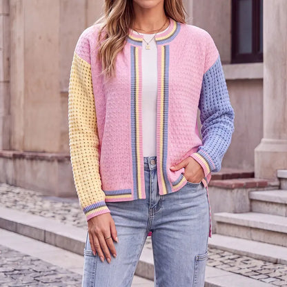Shewin Women's Knitwear Cardigan - Casual Recycled Polyester, Color-Block Patchwork, Round Neck, Drop-Shoulder, Long-Sleeve, Loose Fit, Regular-Length, Open-Front, Hollow Knit Cold Wash Longsleeves Top,sohochic