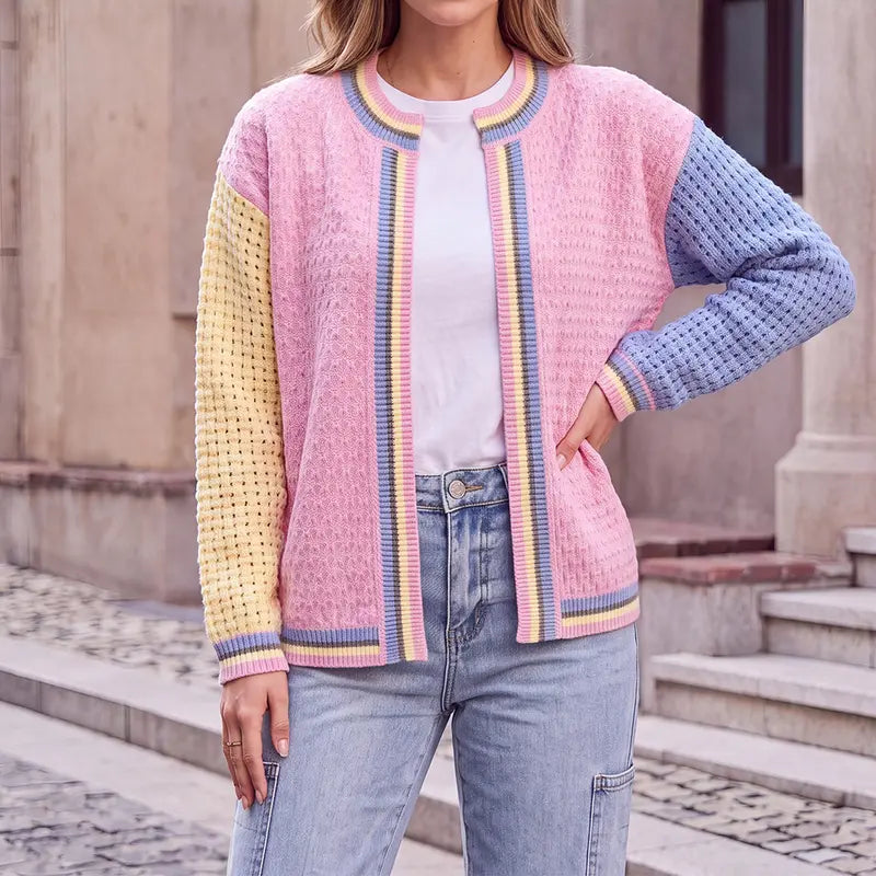 Shewin Women's Knitwear Cardigan - Casual Recycled Polyester, Color-Block Patchwork, Round Neck, Drop-Shoulder, Long-Sleeve, Loose Fit, Regular-Length, Open-Front, Hollow Knit Cold Wash Longsleeves Top,sohochic