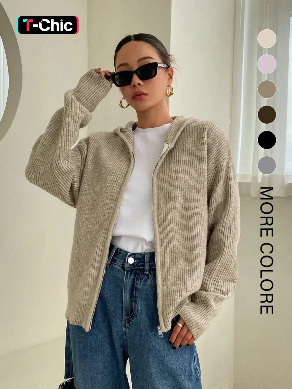 Women's Solid Basic Zip-Up Hooded Sweater Cardigan, Casual Cardigan Top, Casual Fitted Drop-Shoulder Long-Sleeve Everyday Womenswear Cardigan, Women Knitwear Knitting for Fall & Winter Daily Wear