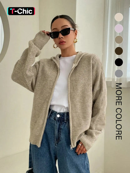 Women's Solid Basic Zip-Up Hooded Sweater Cardigan, Casual Cardigan Top, Casual Fitted Drop-Shoulder Long-Sleeve Everyday Womenswear Cardigan, Women Knitwear Knitting for Fall & Winter Daily Wear