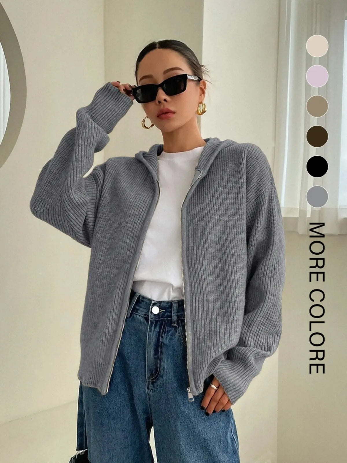Women's Solid Basic Zip-Up Hooded Sweater Cardigan, Casual Cardigan Top, Casual Fitted Drop-Shoulder Long-Sleeve Everyday Womenswear Cardigan, Women Knitwear Knitting for Fall & Winter Daily Wear