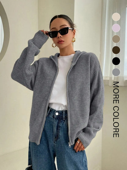 Women's Solid Basic Zip-Up Hooded Sweater Cardigan, Casual Cardigan Top, Casual Fitted Drop-Shoulder Long-Sleeve Everyday Womenswear Cardigan, Women Knitwear Knitting for Fall & Winter Daily Wear