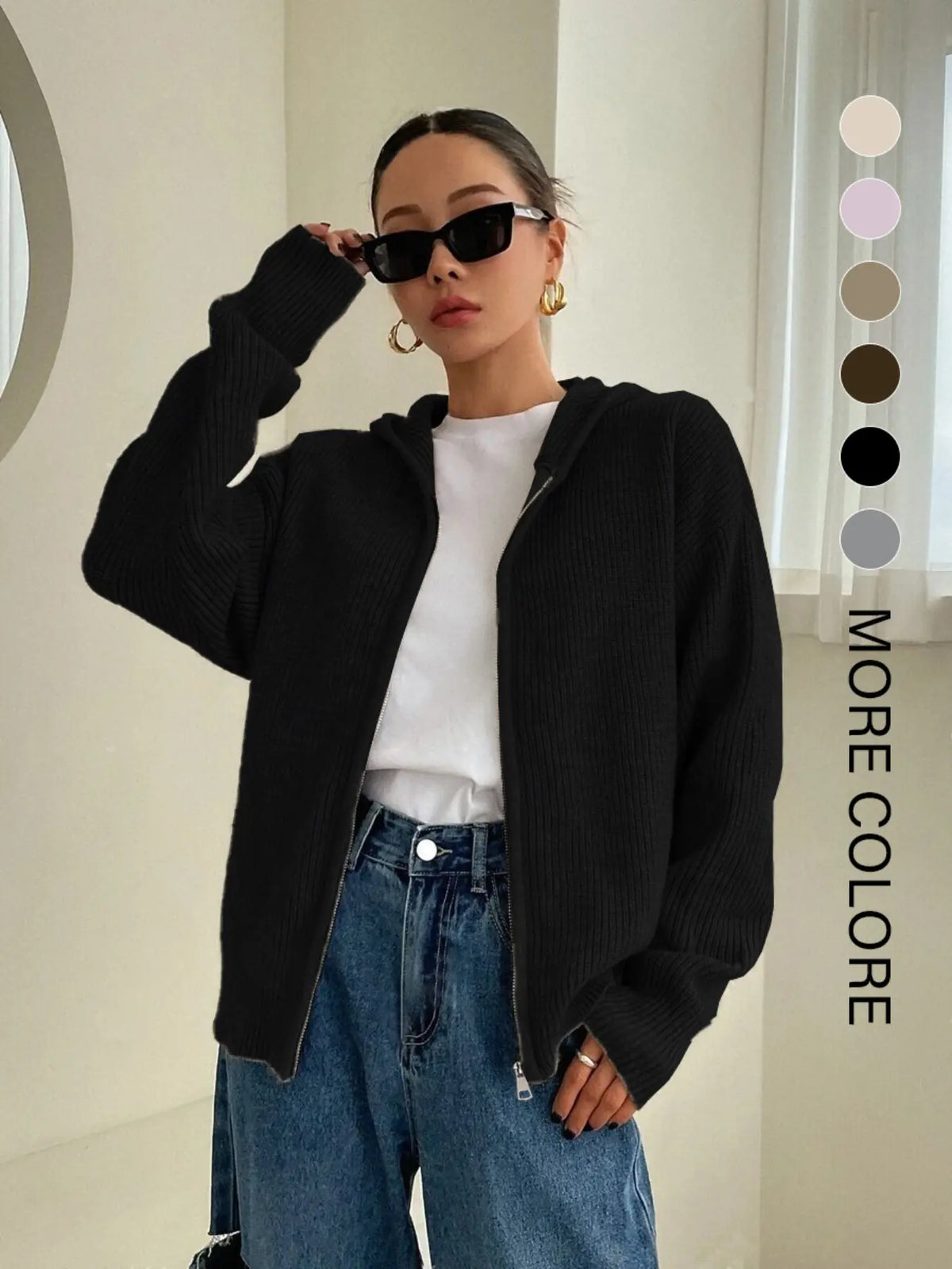 Women's Solid Basic Zip-Up Hooded Sweater Cardigan, Casual Cardigan Top, Casual Fitted Drop-Shoulder Long-Sleeve Everyday Womenswear Cardigan, Women Knitwear Knitting for Fall & Winter Daily Wear