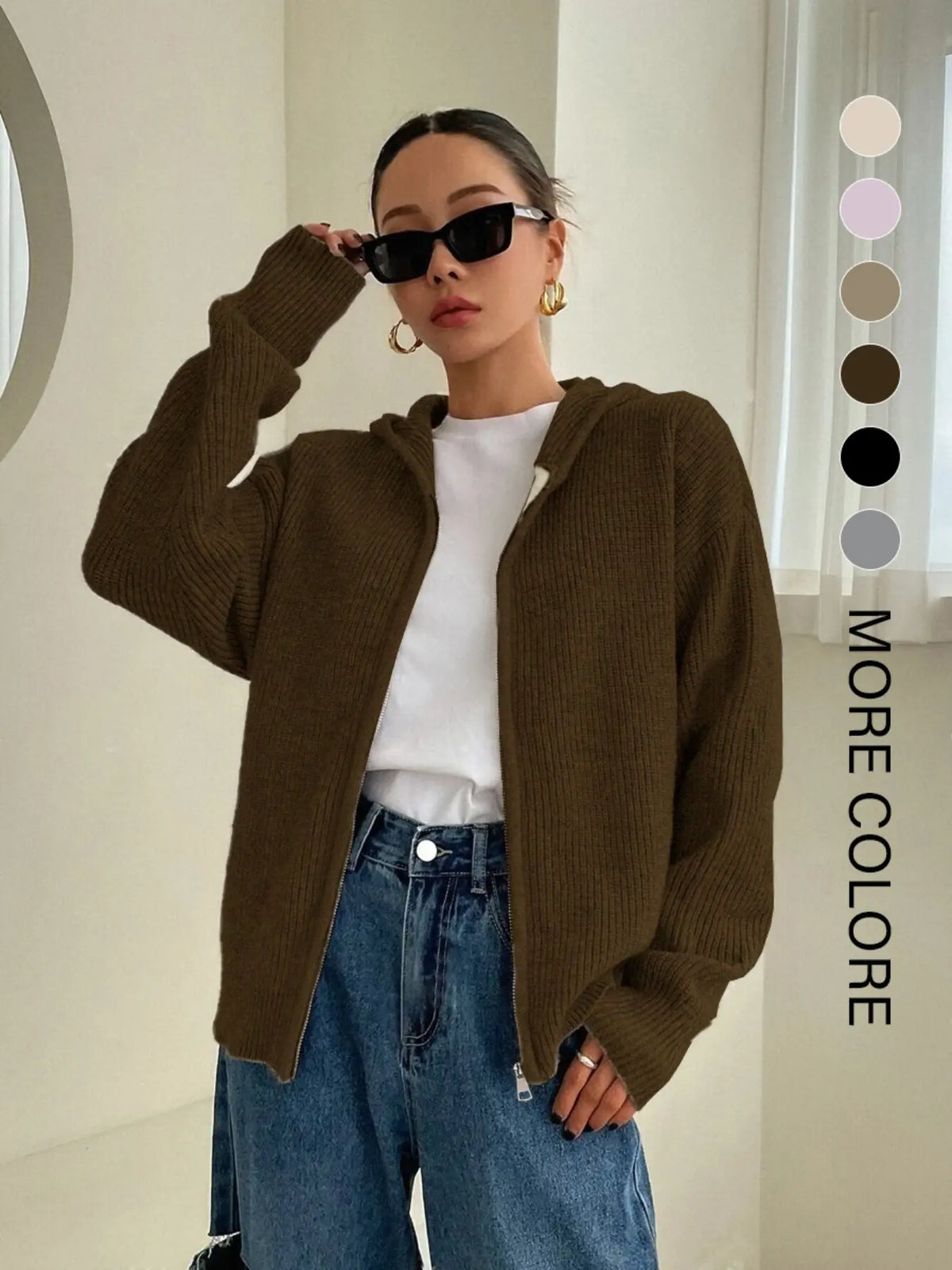 Women's Solid Basic Zip-Up Hooded Sweater Cardigan, Casual Cardigan Top, Casual Fitted Drop-Shoulder Long-Sleeve Everyday Womenswear Cardigan, Women Knitwear Knitting for Fall & Winter Daily Wear