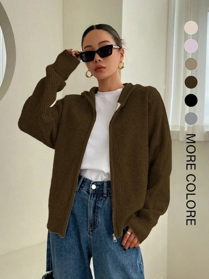 Women's Solid Basic Zip-Up Hooded Sweater Cardigan, Casual Cardigan Top, Casual Fitted Drop-Shoulder Long-Sleeve Everyday Womenswear Cardigan, Women Knitwear Knitting for Fall & Winter Daily Wear