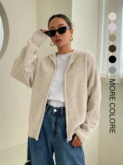 Women's Solid Basic Zip-Up Hooded Sweater Cardigan, Casual Cardigan Top, Casual Fitted Drop-Shoulder Long-Sleeve Everyday Womenswear Cardigan, Women Knitwear Knitting for Fall & Winter Daily Wear