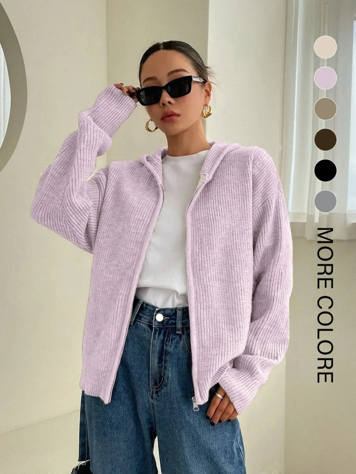 Women's Solid Basic Zip-Up Hooded Sweater Cardigan, Casual Cardigan Top, Casual Fitted Drop-Shoulder Long-Sleeve Everyday Womenswear Cardigan, Women Knitwear Knitting for Fall & Winter Daily Wear