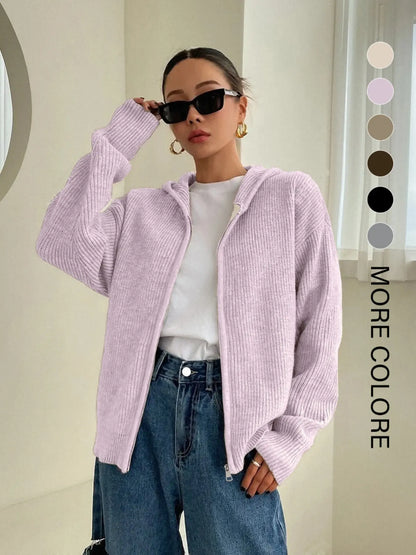 Women's Solid Basic Zip-Up Hooded Sweater Cardigan, Casual Cardigan Top, Casual Fitted Drop-Shoulder Long-Sleeve Everyday Womenswear Cardigan, Women Knitwear Knitting for Fall & Winter Daily Wear