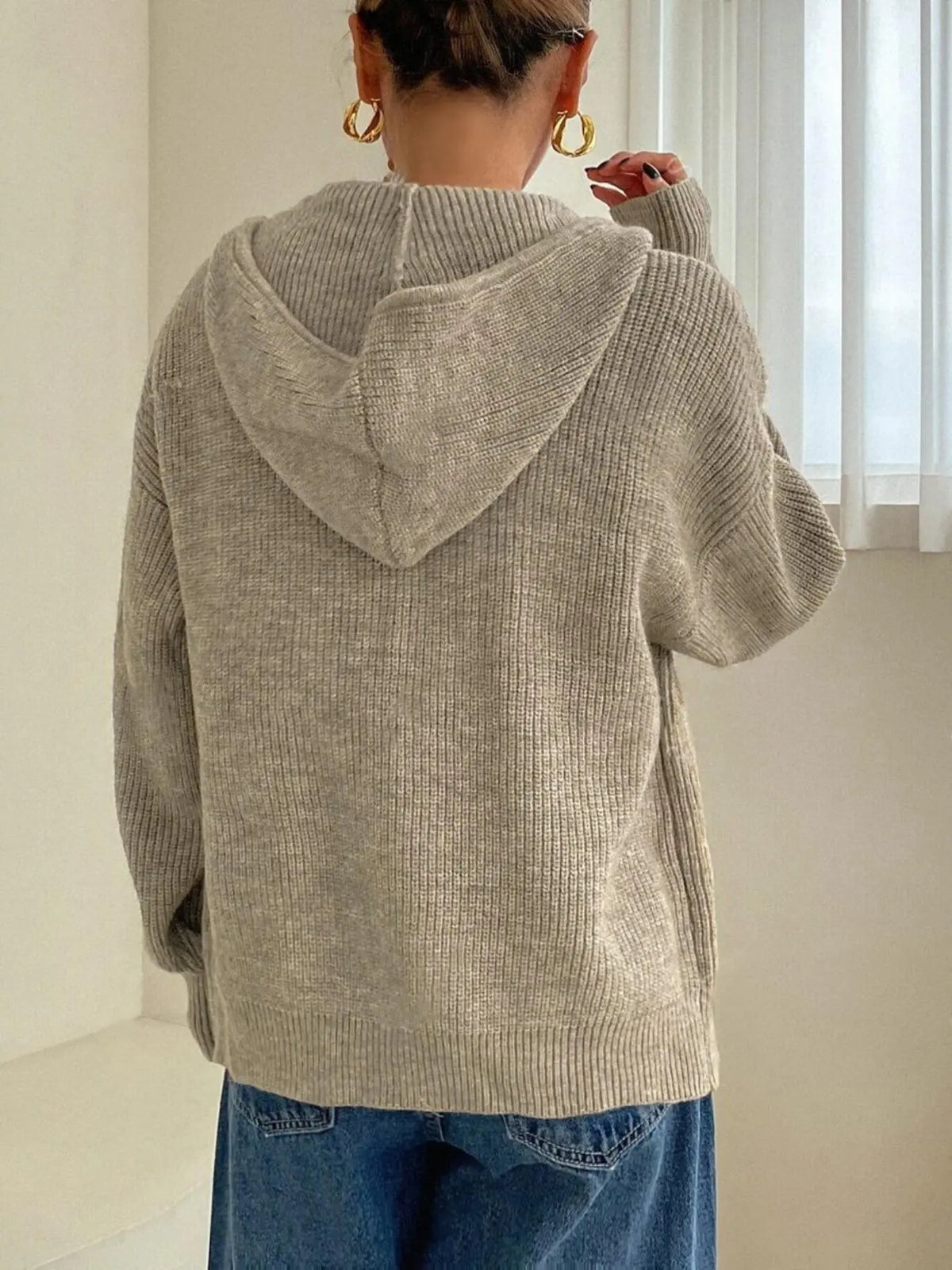 Women's Solid Basic Zip-Up Hooded Sweater Cardigan, Casual Cardigan Top, Casual Fitted Drop-Shoulder Long-Sleeve Everyday Womenswear Cardigan, Women Knitwear Knitting for Fall & Winter Daily Wear