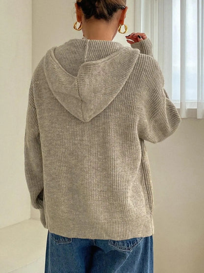 Women's Solid Basic Zip-Up Hooded Sweater Cardigan, Casual Cardigan Top, Casual Fitted Drop-Shoulder Long-Sleeve Everyday Womenswear Cardigan, Women Knitwear Knitting for Fall & Winter Daily Wear