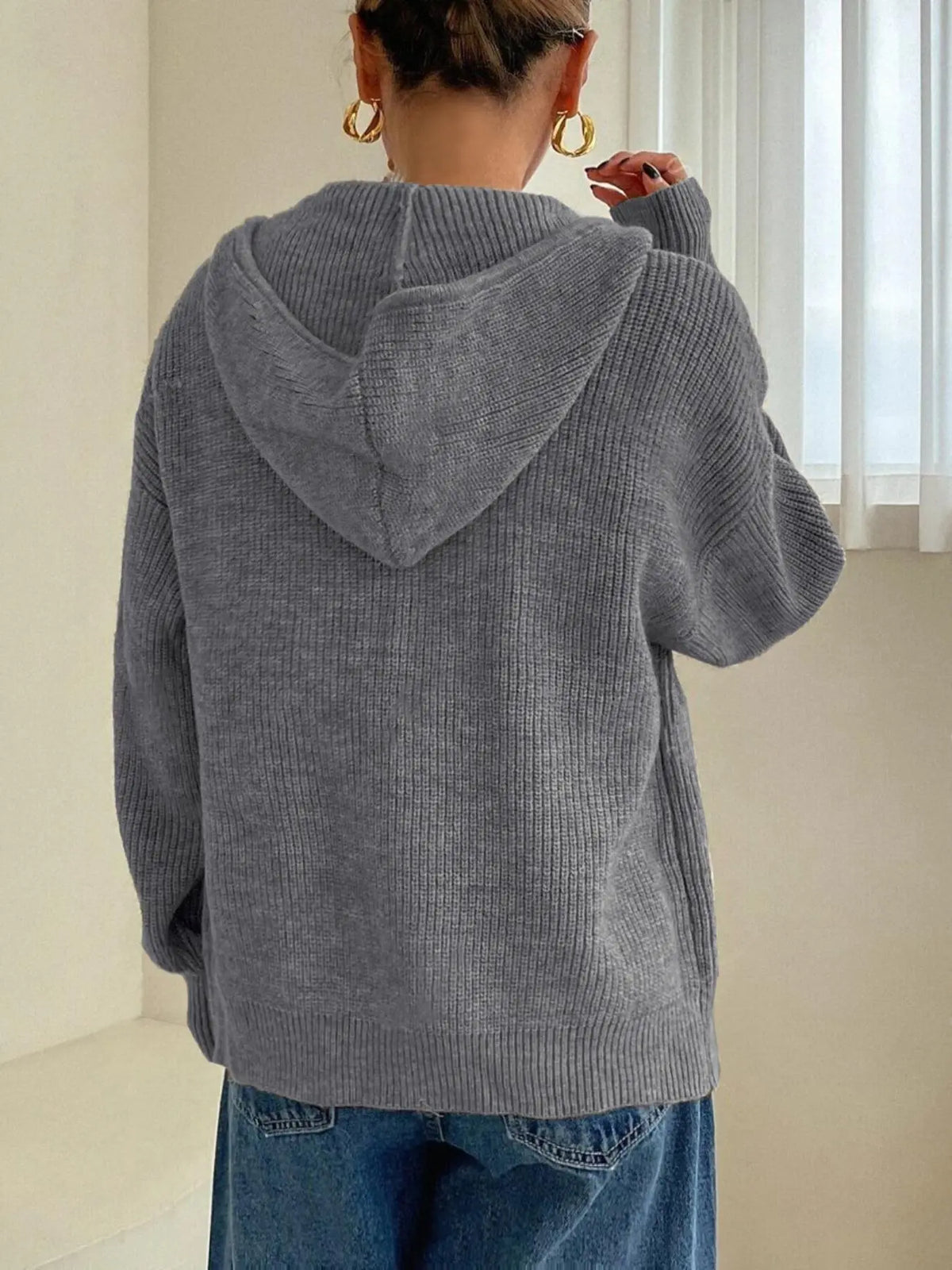 Women's Solid Basic Zip-Up Hooded Sweater Cardigan, Casual Cardigan Top, Casual Fitted Drop-Shoulder Long-Sleeve Everyday Womenswear Cardigan, Women Knitwear Knitting for Fall & Winter Daily Wear
