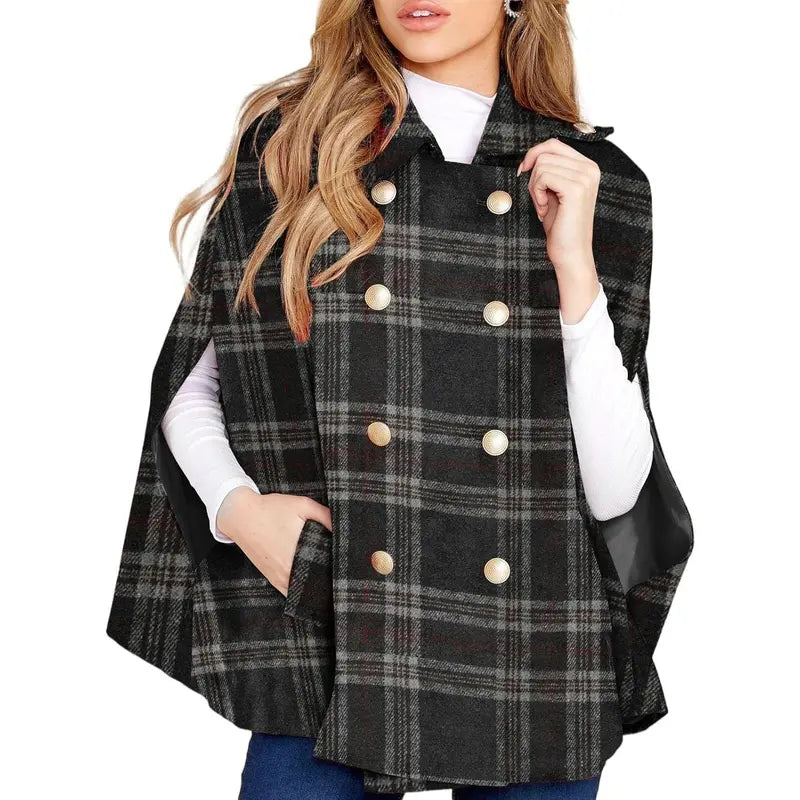 Imily Bela Womens Plaid Jacket Double Breasted Winter Cape Coats Turn Down Poncho with Pockets