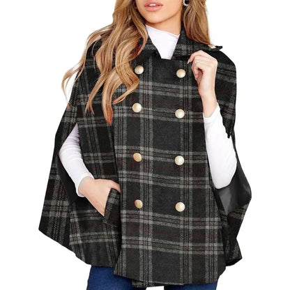 Imily Bela Womens Plaid Jacket Double Breasted Winter Cape Coats Turn Down Poncho with Pockets