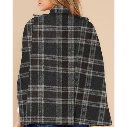 Imily Bela Womens Plaid Jacket Double Breasted Winter Cape Coats Turn Down Poncho with Pockets