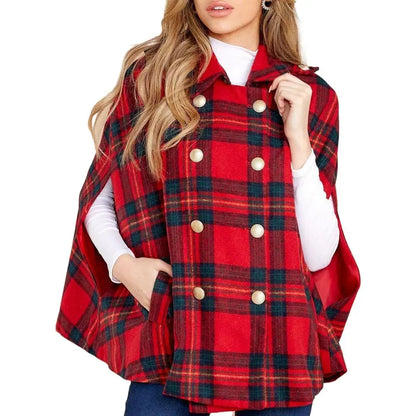 Imily Bela Womens Plaid Jacket Double Breasted Winter Cape Coats Turn Down Poncho with Pockets