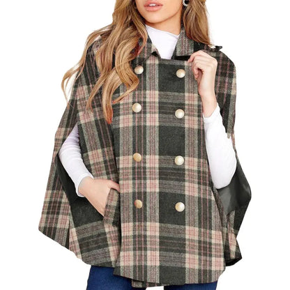 Imily Bela Womens Plaid Jacket Double Breasted Winter Cape Coats Turn Down Poncho with Pockets