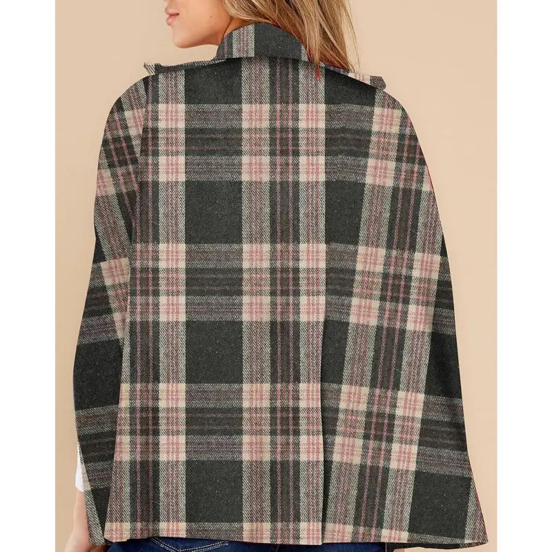 Imily Bela Womens Plaid Jacket Double Breasted Winter Cape Coats Turn Down Poncho with Pockets