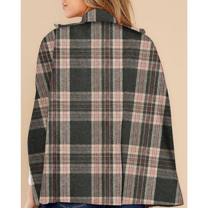 Imily Bela Womens Plaid Jacket Double Breasted Winter Cape Coats Turn Down Poncho with Pockets