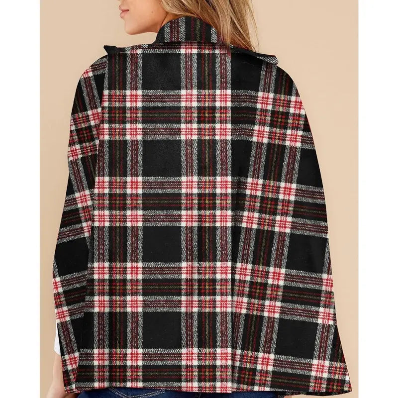 Imily Bela Womens Plaid Jacket Double Breasted Winter Cape Coats Turn Down Poncho with Pockets