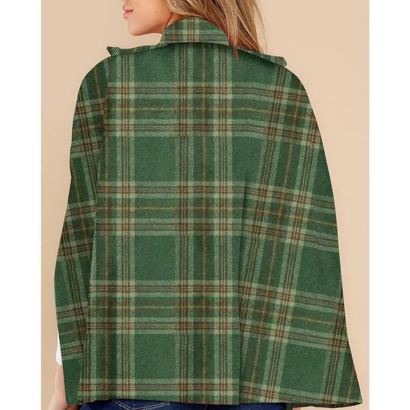 Imily Bela Womens Plaid Jacket Double Breasted Winter Cape Coats Turn Down Poncho with Pockets