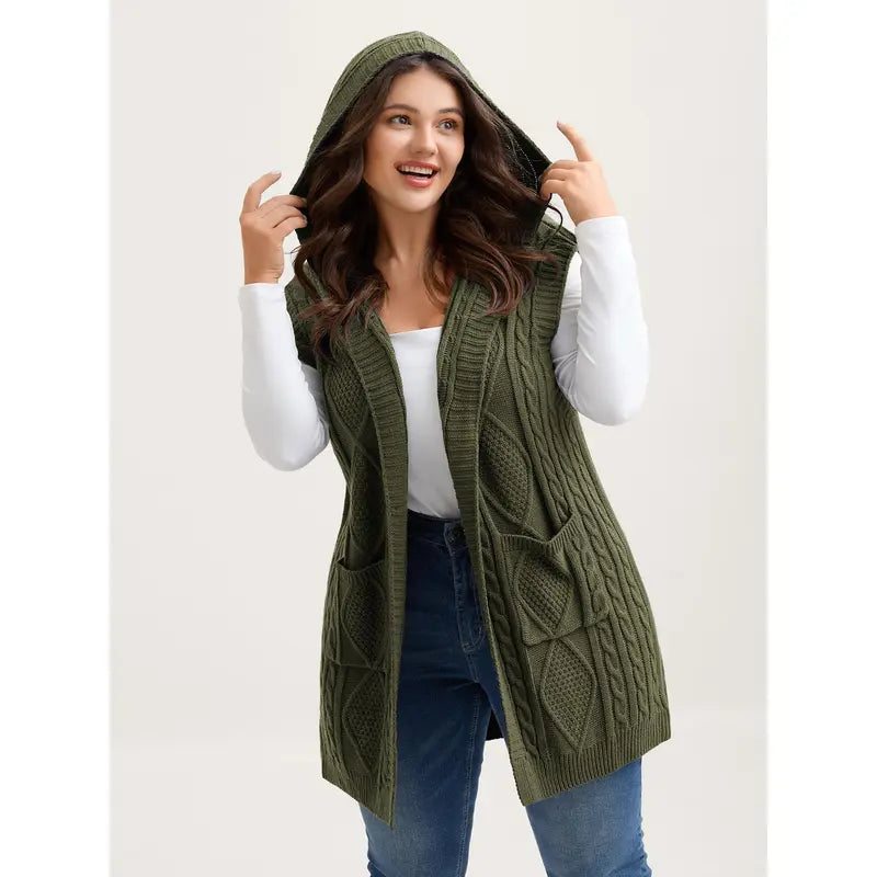Women's Plus Size Hooded Cable Knit Cardigan Vest - Longline Open Front Sleeveless Sweater Vest with Pockets [M-6X]