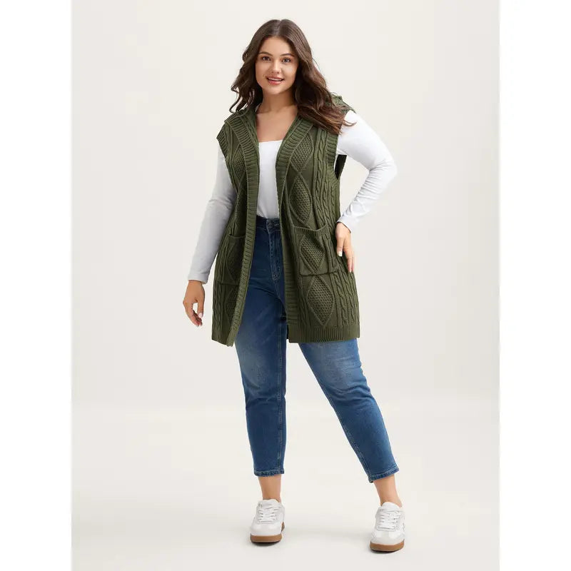 Women's Plus Size Hooded Cable Knit Cardigan Vest - Longline Open Front Sleeveless Sweater Vest with Pockets [M-6X]