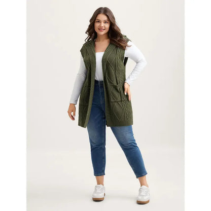 Women's Plus Size Hooded Cable Knit Cardigan Vest - Longline Open Front Sleeveless Sweater Vest with Pockets [M-6X]