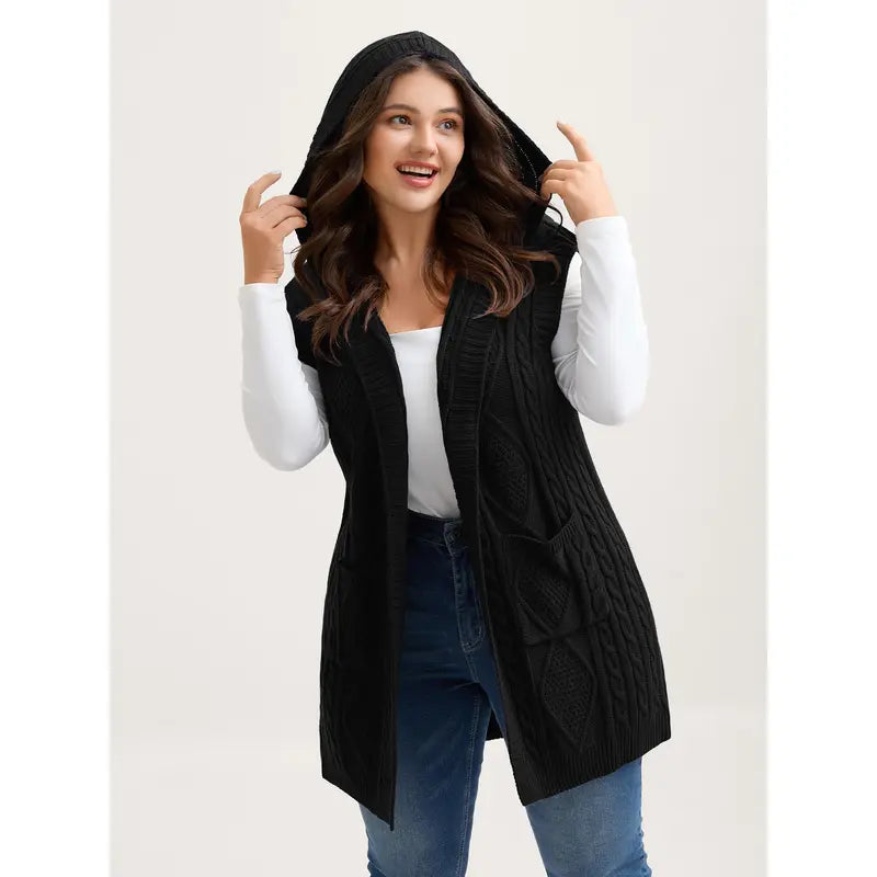 Women's Plus Size Hooded Cable Knit Cardigan Vest - Longline Open Front Sleeveless Sweater Vest with Pockets [M-6X]