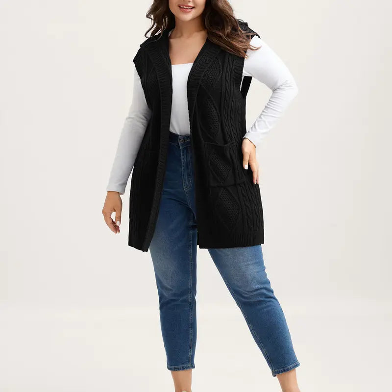 Women's Plus Size Hooded Cable Knit Cardigan Vest - Longline Open Front Sleeveless Sweater Vest with Pockets [M-6X]