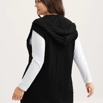 Women's Plus Size Hooded Cable Knit Cardigan Vest - Longline Open Front Sleeveless Sweater Vest with Pockets [M-6X]