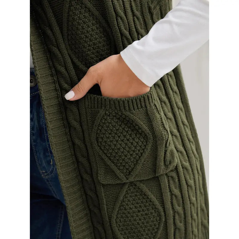 Women's Plus Size Hooded Cable Knit Cardigan Vest - Longline Open Front Sleeveless Sweater Vest with Pockets [M-6X]