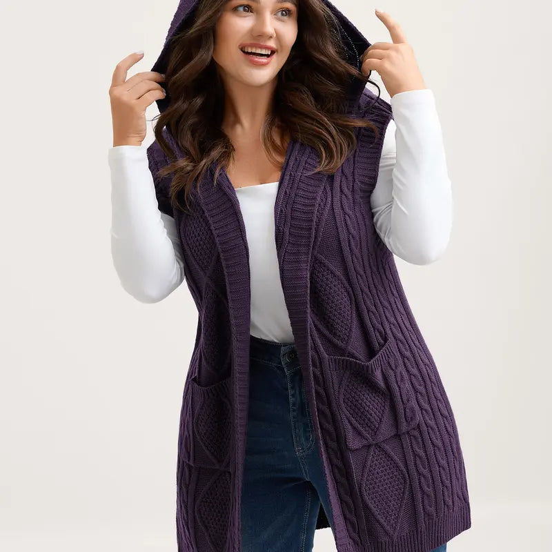 Women's Plus Size Hooded Cable Knit Cardigan Vest - Longline Open Front Sleeveless Sweater Vest with Pockets [M-6X]