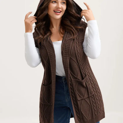 Women's Plus Size Hooded Cable Knit Cardigan Vest - Longline Open Front Sleeveless Sweater Vest with Pockets [M-6X]