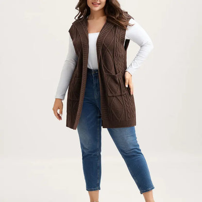 Women's Plus Size Hooded Cable Knit Cardigan Vest - Longline Open Front Sleeveless Sweater Vest with Pockets [M-6X]