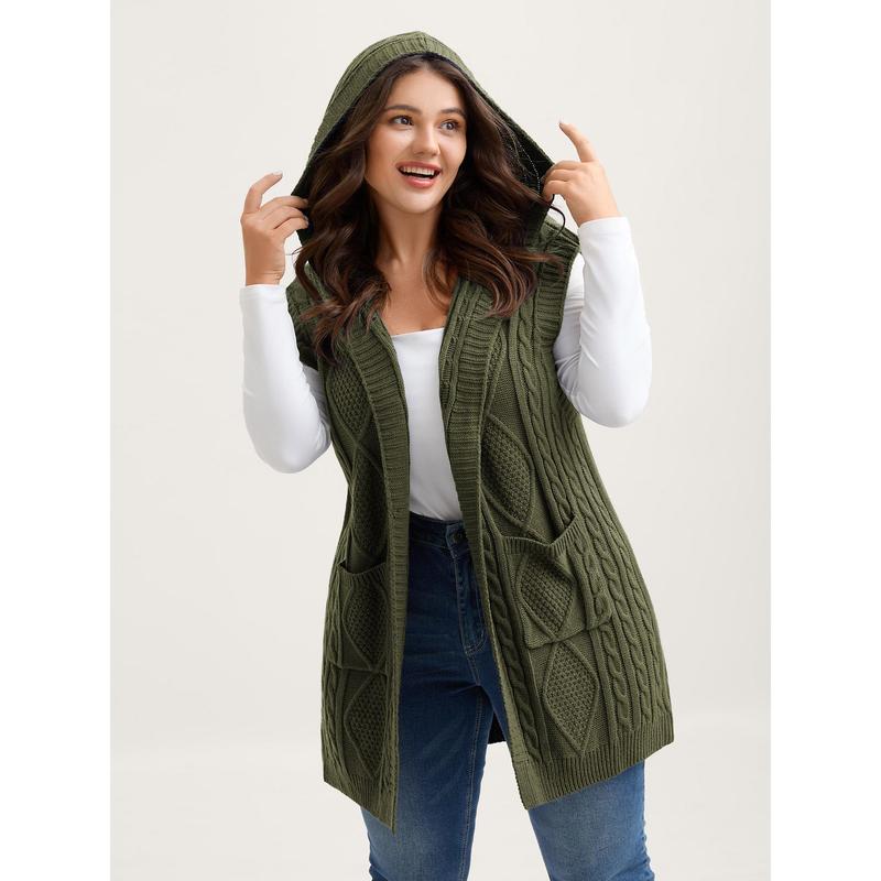 Women's Plus Size Hooded Cable Knit Cardigan Vest - Longline Open Front Sleeveless Sweater Vest with Pockets [M-6X]