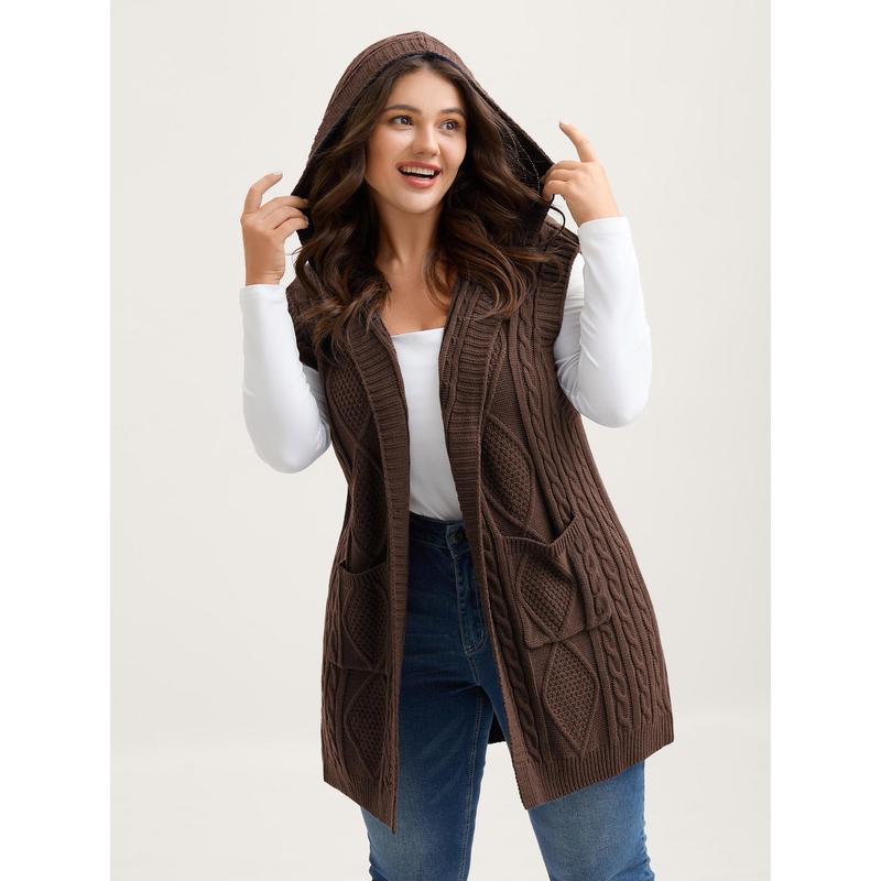 Women's Plus Size Hooded Cable Knit Cardigan Vest - Longline Open Front Sleeveless Sweater Vest with Pockets [M-6X]