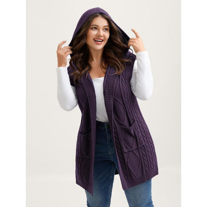 Women's Plus Size Hooded Cable Knit Cardigan Vest - Longline Open Front Sleeveless Sweater Vest with Pockets [M-6X]