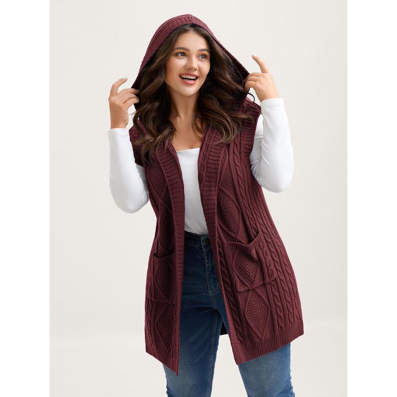 Women's Plus Size Hooded Cable Knit Cardigan Vest - Longline Open Front Sleeveless Sweater Vest with Pockets [M-6X]