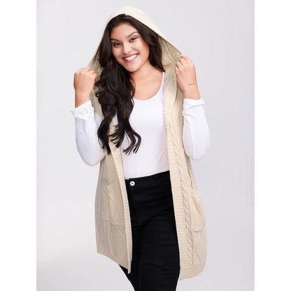 Women's Plus Size Hooded Cable Knit Cardigan Vest - Longline Open Front Sleeveless Sweater Vest with Pockets [M-6X]