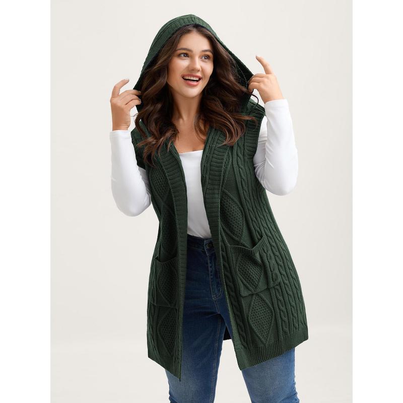 Women's Plus Size Hooded Cable Knit Cardigan Vest - Longline Open Front Sleeveless Sweater Vest with Pockets [M-6X]