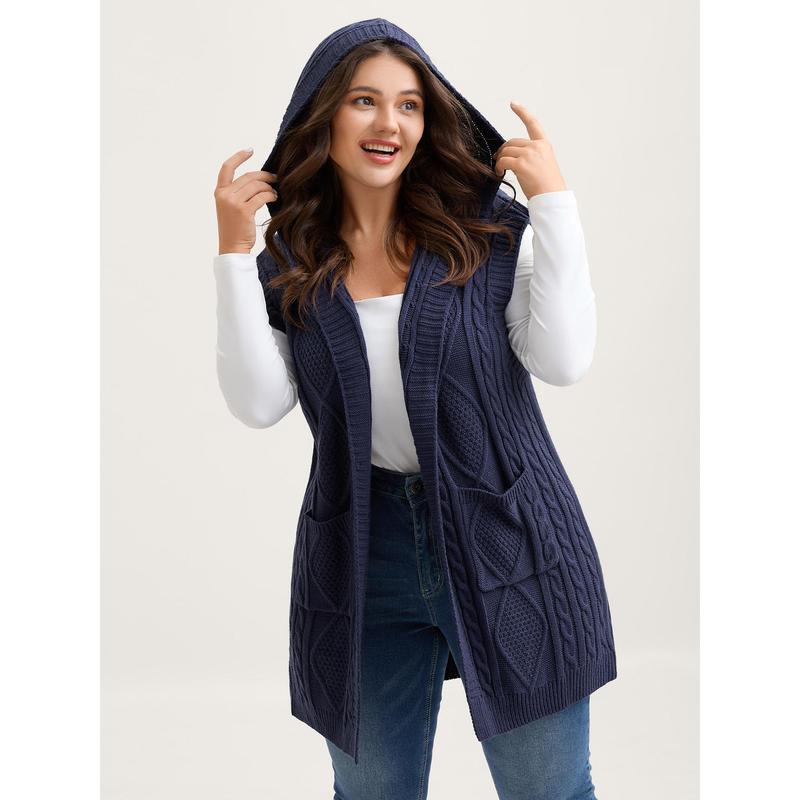 Women's Plus Size Hooded Cable Knit Cardigan Vest - Longline Open Front Sleeveless Sweater Vest with Pockets [M-6X]