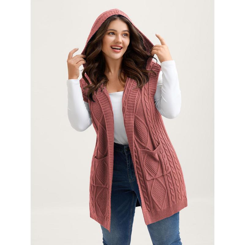 Women's Plus Size Hooded Cable Knit Cardigan Vest - Longline Open Front Sleeveless Sweater Vest with Pockets [M-6X]