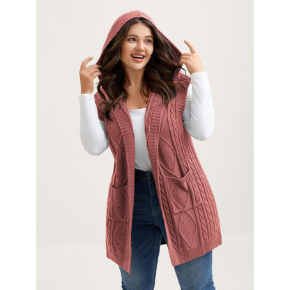 Women's Plus Size Hooded Cable Knit Cardigan Vest - Longline Open Front Sleeveless Sweater Vest with Pockets [M-6X]