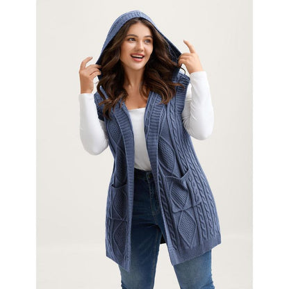 Women's Plus Size Hooded Cable Knit Cardigan Vest - Longline Open Front Sleeveless Sweater Vest with Pockets [M-6X]