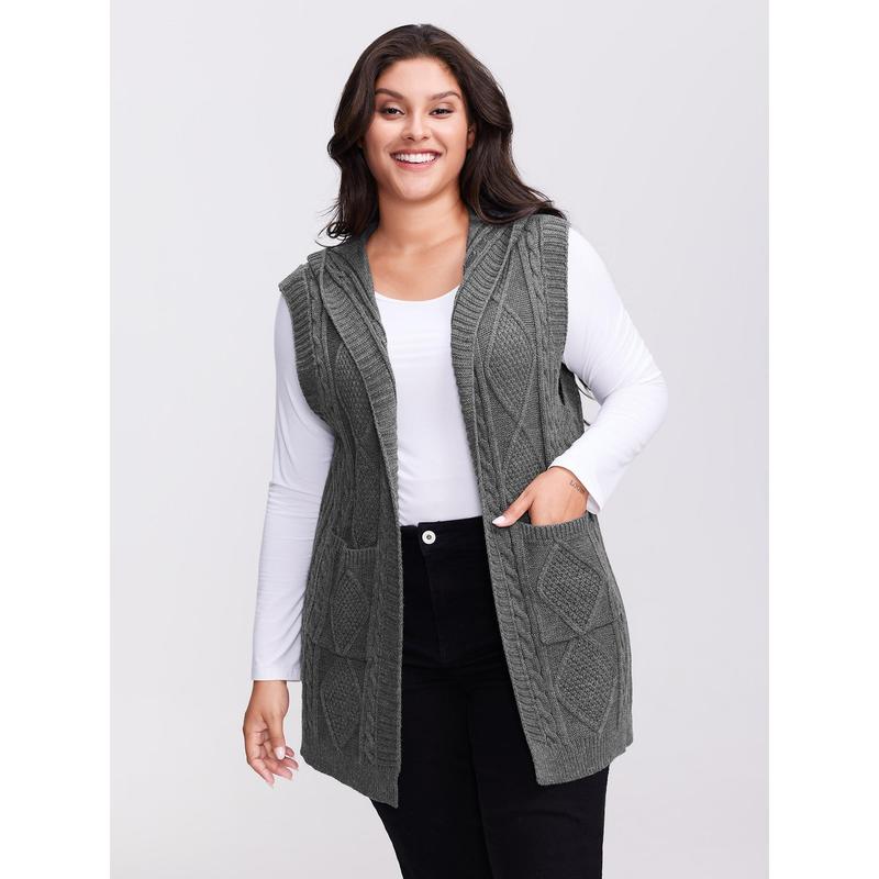 Women's Plus Size Hooded Cable Knit Cardigan Vest - Longline Open Front Sleeveless Sweater Vest with Pockets [M-6X]