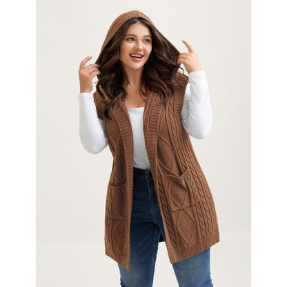 Women's Plus Size Hooded Cable Knit Cardigan Vest - Longline Open Front Sleeveless Sweater Vest with Pockets [M-6X]