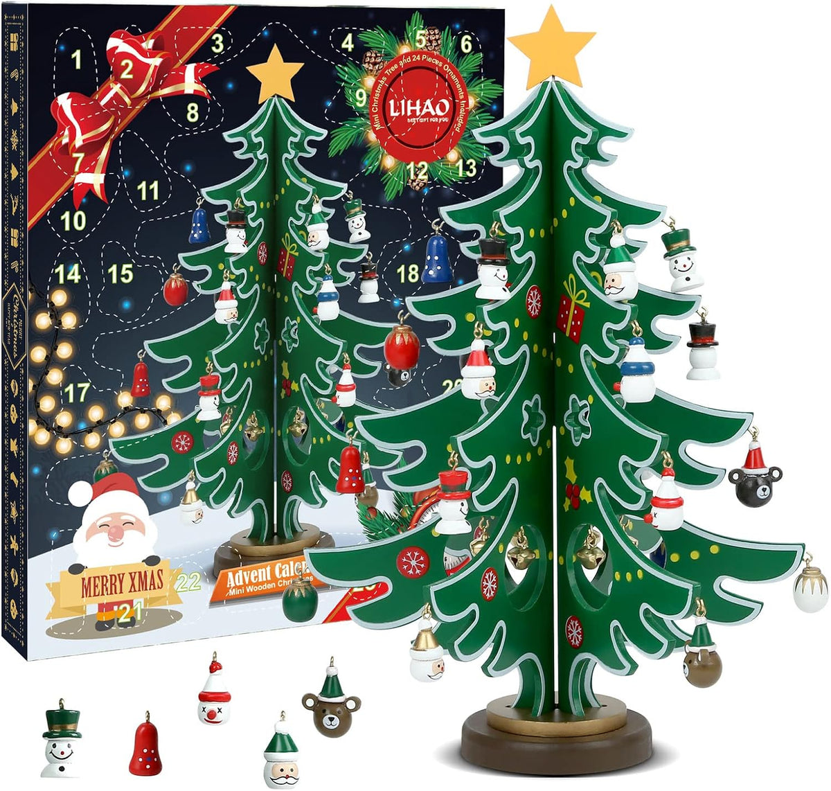 LIHAO Christmas Advent Calendar 2026, 24 Days Tabletop Tree Countdown | 24PCS Ornaments, for Boys, Girls, Party Favors, Classroom Prizes, Xmas Gift