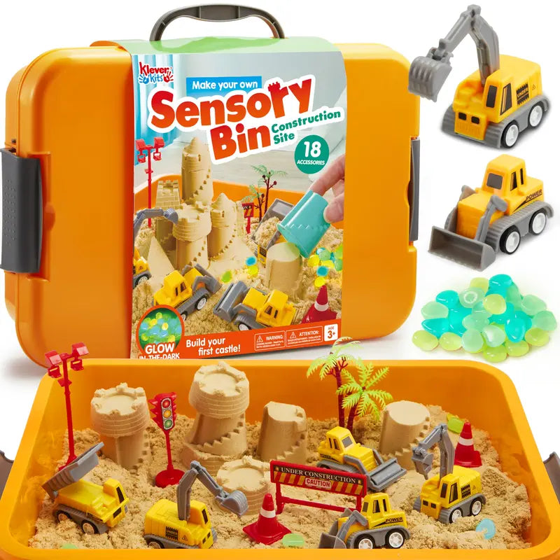 Construction Themed Sensory Bin With Glow In The Dark Rocks